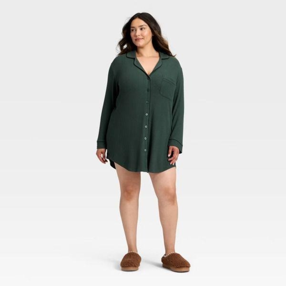 Auden Womens 2X Forest Green Ribbed Button Up Long Sleeve Nightgown Sleep Shirt - Picture 2 of 6